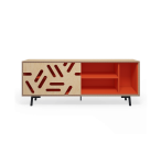 NOWOCZESNA KOMODA RTV ZE SKLEJKI, GEOMETRYCZNE WZORY, CZERWONE WNĘTRZE I GRAFITOWE NÓŻKI