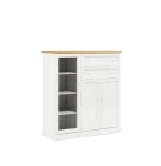 KLASYCZNA POJEMNA BIAŁA KOMODA 110CM Z SZUFLADAMI, Z PRZESZKLENIEM, LITE DREWNO +  MDF LAKIEROWANY MAT
