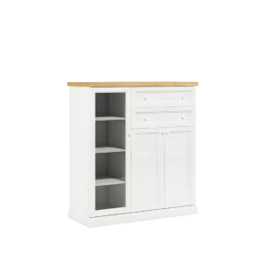 KLASYCZNA POJEMNA BIAŁA KOMODA 110CM Z SZUFLADAMI, Z PRZESZKLENIEM, LITE DREWNO +  MDF LAKIEROWANY MAT