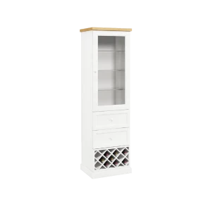 KLASYCZNY BIAŁY REGAŁ NA WINO, PRZESZKLONE DRZWI, DWIE SZUFLADY, LITE DREWNO + MDF LAKIEROWANY MAT