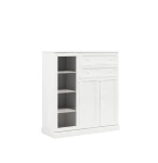 KLASYCZNA POJEMNA BIAŁA KOMODA 110 CM Z SZUFLADAMI, Z PRZESZKLENIEM, MDF LAKIEROWANY MAT