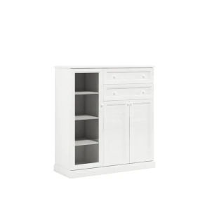 KLASYCZNA POJEMNA BIAŁA KOMODA 110 CM Z SZUFLADAMI, Z PRZESZKLENIEM, MDF LAKIEROWANY MAT