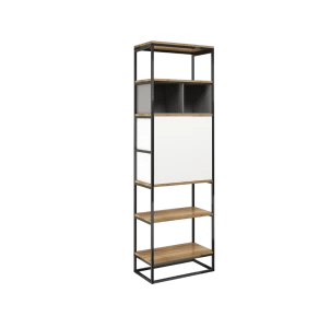 DESIGNERSKI LOFTOWY REGAŁ Z BIAŁĄ SZAFKĄ, PÓŁKI W KOLORZE NATURALNEGO DĘBU NA CZARNEJ RAMIE 