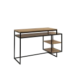DESIGNERSKIE LOFTOWE BIURKO 130CM, DWUPOZIOMOWY BLAT I PÓŁKI W KOLORZE NATURALNEGO DĘBU NA CZARNEJ RAMIE