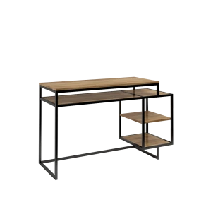 DESIGNERSKIE LOFTOWE BIURKO 130CM, DWUPOZIOMOWY BLAT I PÓŁKI W KOLORZE NATURALNEGO DĘBU NA CZARNEJ RAMIE