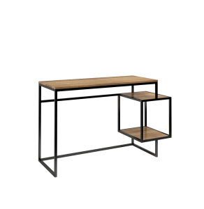 DESIGNERSKIE LOFTOWE BIURKO 130CM, BLAT I PÓŁKI W KOLORZE NATURALNEGO DĘBU NA CZARNEJ RAMIE
