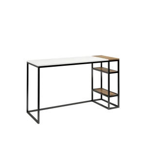 DESIGNERSKIE LOFTOWE BIURKO 130CM, BLAT I PÓŁKI W KOLORZE BIAŁYM I  NATURALNEGO DĘBU NA CZARNEJ RAMIE