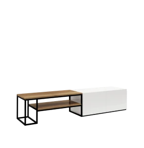 STABILNA LOFTOWA SZAFKA RTV  200CM  CZARNA STAL + KOLOR NATURALNY DĄB + BIAŁE FRONTY