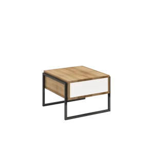 INDUSTRIALNY STOLIK Z PŁYTY MEBLOWEJ W KOLORZE DĘBOWYM, BOKI LAKIEROWANE NA BIAŁO, CZARNA STALOWA RAMA