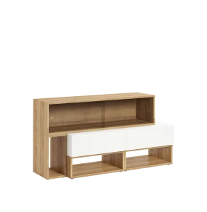 KOMODA 120CM, PÓŁOTWARTA, SZKLANE DRZWI, STYLOWE POŁĄCZENIE BIAŁEGO Z NATURALNYM KOLOREM DĘBOWYM 